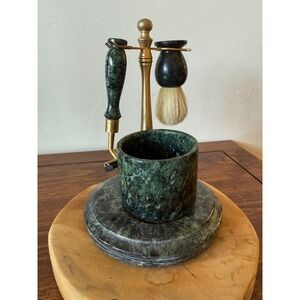 Vintage Green Marble Shaving Set Brass Stand Razor Brush Lather Bowl 4 Piece Kit